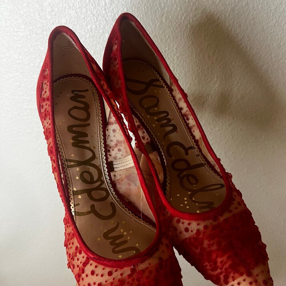 Sam Edelman hazel Passion Red Velvet Dot Tulle Stilleto Pumps Heels WOMENS 10 - Picture 3 of 7